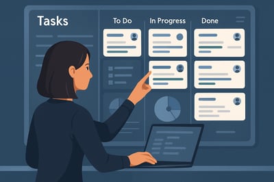 Project coordinator managing virtual tasks on a digital dashboard Project coordinator managing virtual tasks on a digital dashboard
